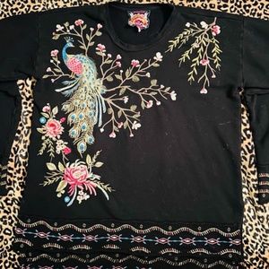 Johnny Was Los Angles- peacock embroidered black long sleeved top